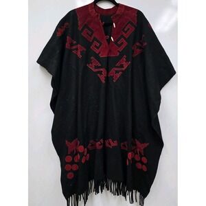 VTG 70s Handmade Mexican Wool Tunic‎ Poncho Velvet Collar Fringed Folk Art RARE!
